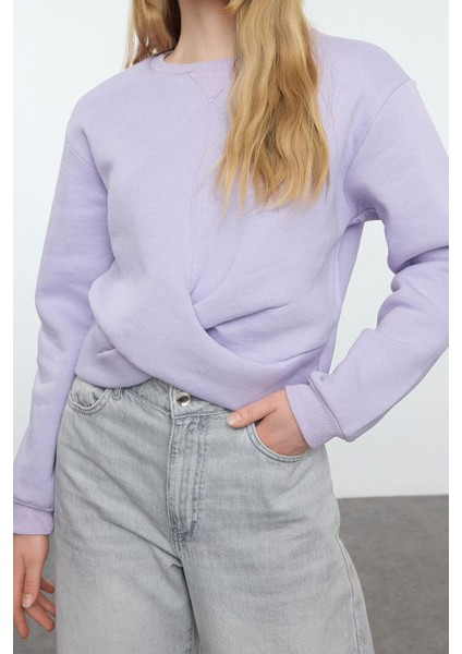 Kadın Moda Slim Bisiklet Yaka Düşük Kol Crop Burgu Detaylı Crop Kalın Içi Polarlı Örme Sweatshirt fiyatları