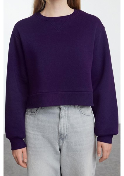 Kadın Bisiklet Yaka Düşük Kol Crop Kalın Polarlı Geniş Kalıp Crop Basic Örme Sweatshirt