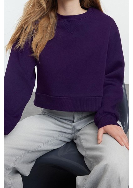 Kadın Bisiklet Yaka Düşük Kol Crop Kalın Polarlı Geniş Kalıp Crop Basic Örme Sweatshirt