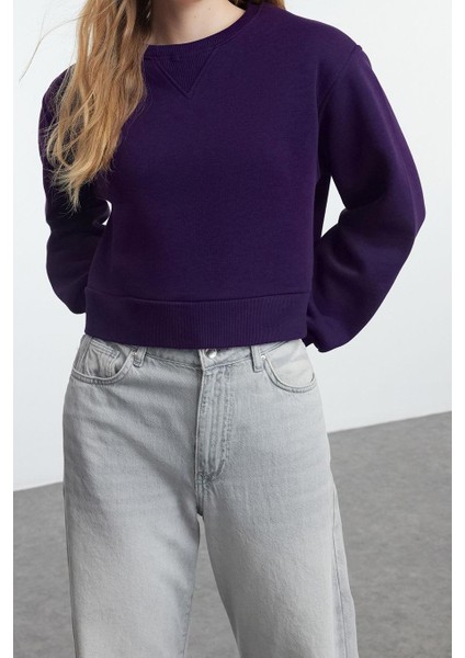 Kadın Bisiklet Yaka Düşük Kol Crop Kalın Polarlı Geniş Kalıp Crop Basic Örme Sweatshirt