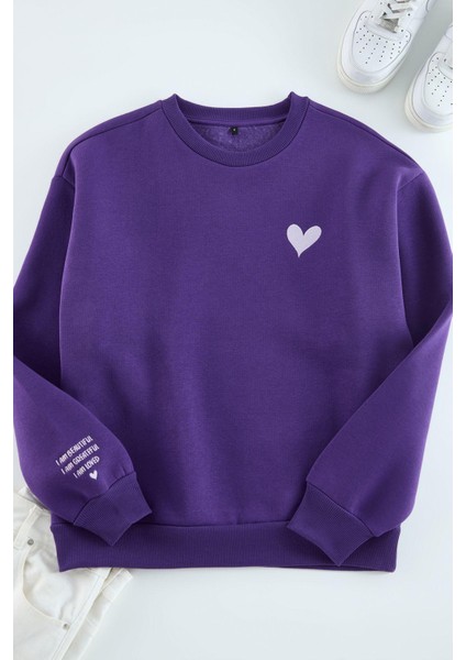 Kadın Regular Bisiklet Yaka Düşük Kol Regular Nakışlı Normal Kalıp Kalın Içi Polarlı Örme Sweatshirt