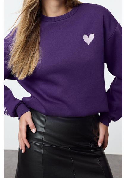 Kadın Regular Bisiklet Yaka Düşük Kol Regular Nakışlı Normal Kalıp Kalın Içi Polarlı Örme Sweatshirt fiyatları