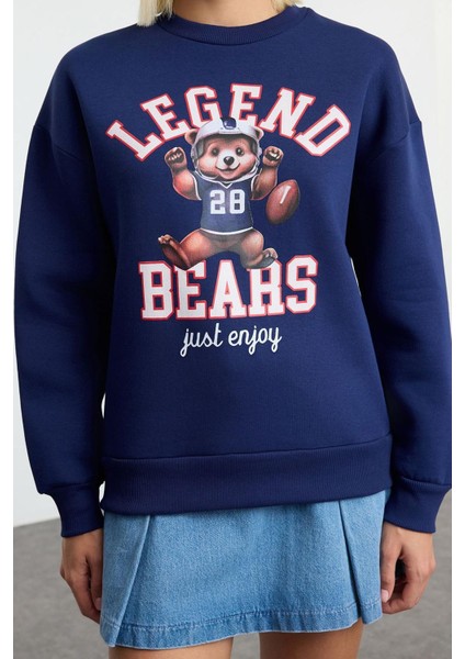 Kadın Moda Bol Bisiklet Yaka Düşük Kol Uzun Baskılı Geniş Kalıp Kalın Içi Polarlı Örme Sweatshirt