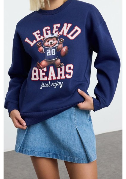 Kadın Moda Bol Bisiklet Yaka Düşük Kol Uzun Baskılı Geniş Kalıp Kalın Içi Polarlı Örme Sweatshirt fiyatları
