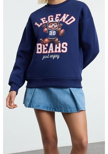 Kadın Moda Bol Bisiklet Yaka Düşük Kol Uzun Baskılı Geniş Kalıp Kalın Içi Polarlı Örme Sweatshirt modelleri