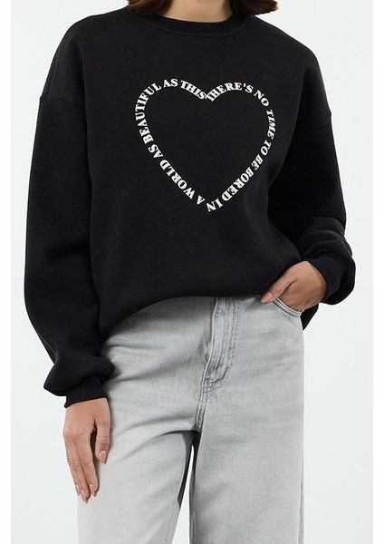 Kadın Bol Bisiklet Yaka Düşük Kol Uzun Geniş Kalıp Sırt Baskılı Kalın Içi Polarlı Örme Sweatshirt