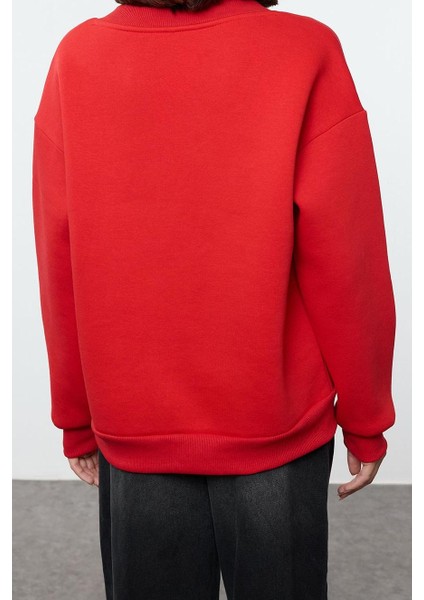 Kadın Moda Şık Bol V Yaka Düşük Kol Uzun Basic Geniş Kalıp Kalın Içi Polarlı Örme Sweatshirt