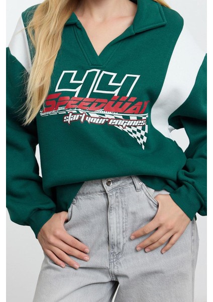 Kadın Moda Şık Bol Polo Yaka Düşük Kol Uzun Kalın Içi Polarlı Geniş Kalıp Polo Yaka Örme Sweatshirt