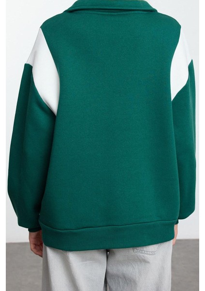 Kadın Moda Şık Bol Polo Yaka Düşük Kol Uzun Kalın Içi Polarlı Geniş Kalıp Polo Yaka Örme Sweatshirt