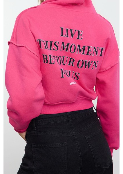 Kadın Oversize Kapüşonlu Düşük Kol Crop Slogan Baskılı Geniş Kalıp Kalın Polarlı Örme Sweatshirt