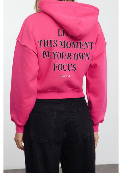 Kadın Oversize Kapüşonlu Düşük Kol Crop Slogan Baskılı Geniş Kalıp Kalın Polarlı Örme Sweatshirt