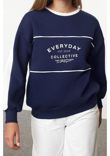 Kadın Bol Bisiklet Yaka Düşük Kol Uzun Slogan Baskılı Geniş Kalıp Kalın Içi Polarlı Örme Sweatshirt