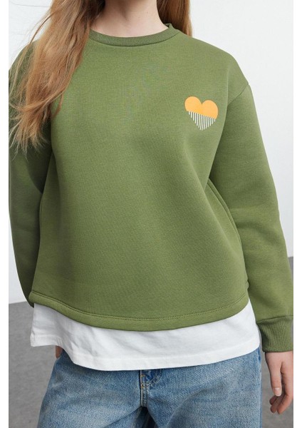 Kadın Bisiklet Yaka Düşük Kol Poplin Detaylı ve Nakış Detaylı Normal Kalıp Örme Sweatshirt fiyatları