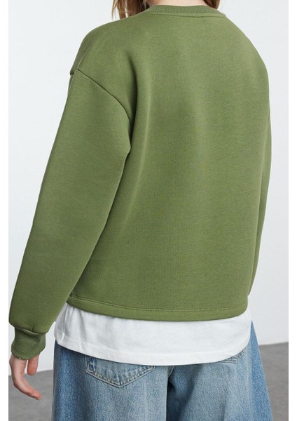 Kadın Bisiklet Yaka Düşük Kol Poplin Detaylı ve Nakış Detaylı Normal Kalıp Örme Sweatshirt indirimleri