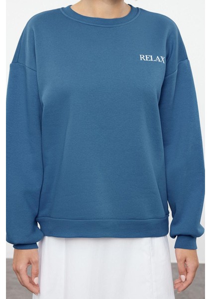 Kadın Bol Bisiklet Yaka Düşük Kol Uzun Geniş Kalıp Slogan Baskılı Kalın Içi Polarlı Örme Sweatshirt