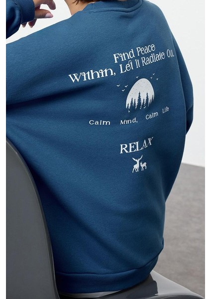 Kadın Bol Bisiklet Yaka Düşük Kol Uzun Geniş Kalıp Slogan Baskılı Kalın Içi Polarlı Örme Sweatshirt