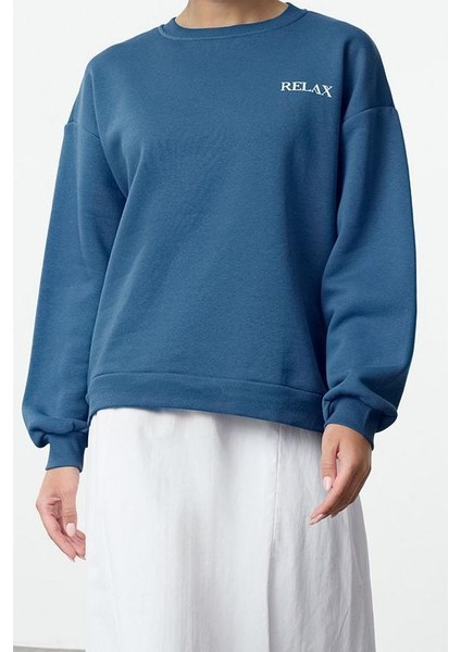 Kadın Bol Bisiklet Yaka Düşük Kol Uzun Geniş Kalıp Slogan Baskılı Kalın Içi Polarlı Örme Sweatshirt