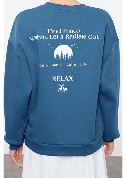 Kadın Bol Bisiklet Yaka Düşük Kol Uzun Geniş Kalıp Slogan Baskılı Kalın Içi Polarlı Örme Sweatshirt