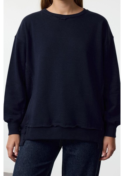 Kadın Moda Şık Bol Bisiklet Yaka Düşük Kol Uzun Kalın Içi Polarlı Geniş Kalıp Örme Sweatshirt