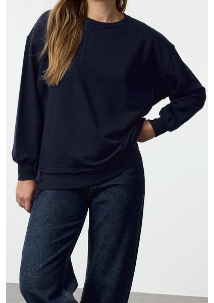 Kadın Moda Şık Bol Bisiklet Yaka Düşük Kol Uzun Kalın Içi Polarlı Geniş Kalıp Örme Sweatshirt