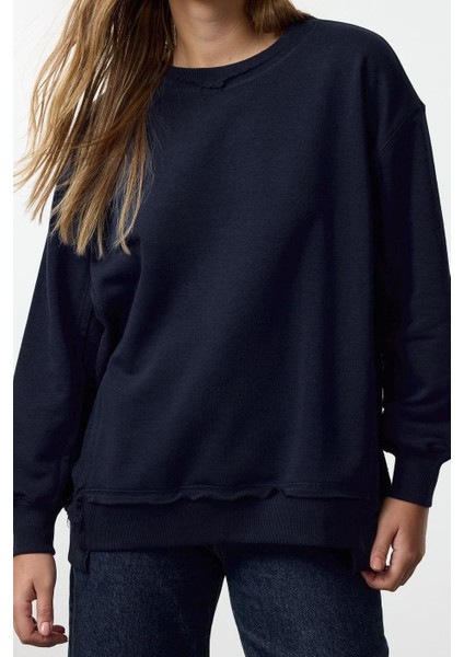 Kadın Moda Şık Bol Bisiklet Yaka Düşük Kol Uzun Kalın Içi Polarlı Geniş Kalıp Örme Sweatshirt