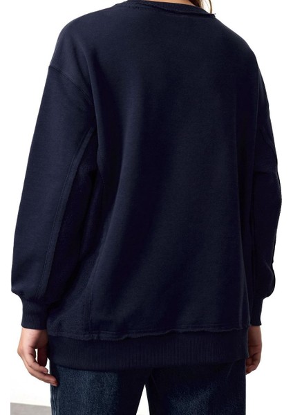Kadın Moda Şık Bol Bisiklet Yaka Düşük Kol Uzun Kalın Içi Polarlı Geniş Kalıp Örme Sweatshirt