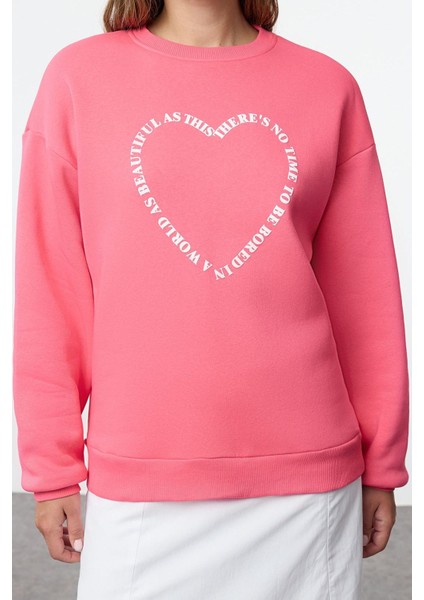 Kadın Bol Bisiklet Yaka Düşük Kol Uzun Geniş Kalıp Sırt Baskılı Kalın Içi Polarlı Örme Sweatshirt