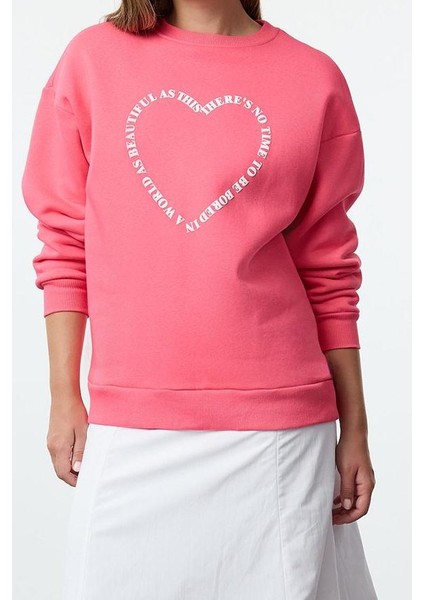 Kadın Bol Bisiklet Yaka Düşük Kol Uzun Geniş Kalıp Sırt Baskılı Kalın Içi Polarlı Örme Sweatshirt modelleri