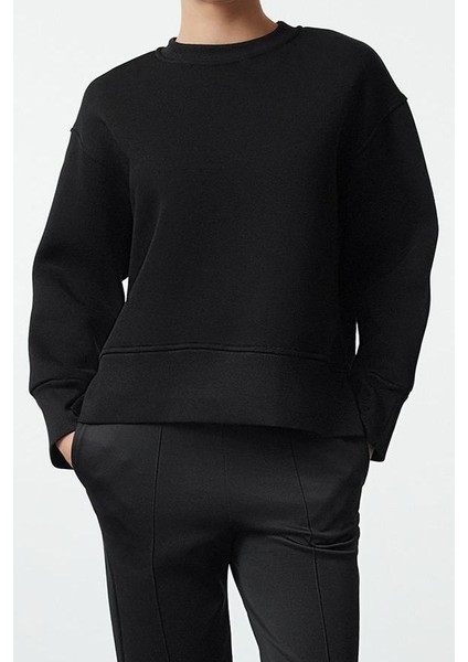Kadın Regular Bisiklet Yaka Düşük Kol Regular Kalın Içi Polarlı Normal Kalıp Basic Örme Sweatshirt