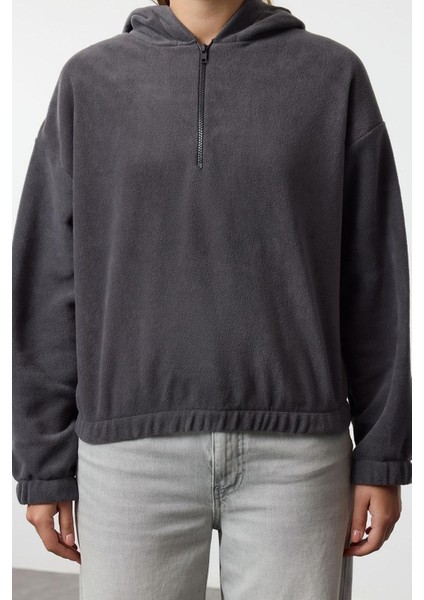 Kadın Moda Şık Regular Kapüşonlu Düşük Kol Regular Normal Kalıp Polar Fermuarlı Yaka Örme Sweatshirt