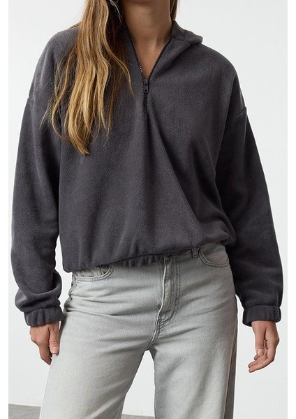 Kadın Moda Şık Regular Kapüşonlu Düşük Kol Regular Normal Kalıp Polar Fermuarlı Yaka Örme Sweatshirt modelleri