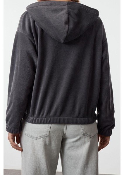 Kadın Moda Şık Regular Kapüşonlu Düşük Kol Regular Normal Kalıp Polar Fermuarlı Yaka Örme Sweatshirt indirimleri