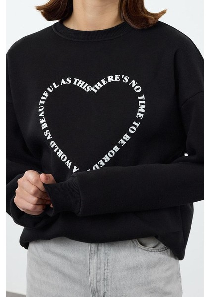 Kadın Bol Bisiklet Yaka Düşük Kol Uzun Geniş Kalıp Sırt Baskılı Kalın Içi Polarlı Örme Sweatshirt fiyatları