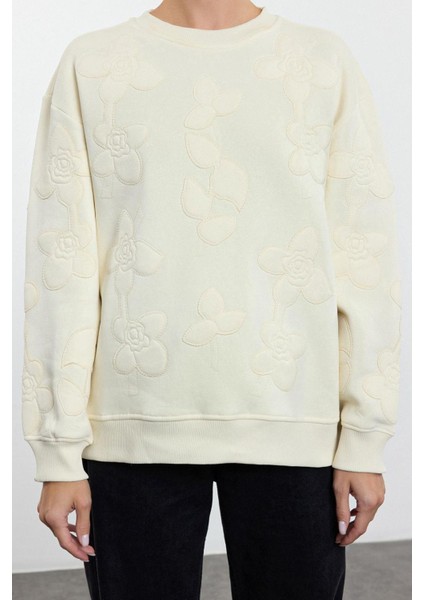 Kadın Moda Şık Bol Bisiklet Yaka Düşük Kol Uzun Nakışlı Normal Kalıp Örme Sweatshirt