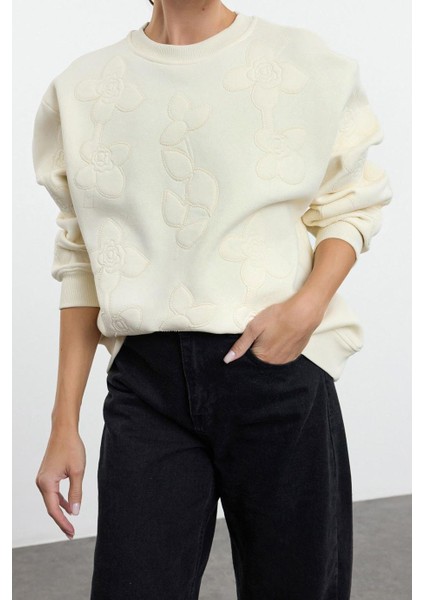 Kadın Moda Şık Bol Bisiklet Yaka Düşük Kol Uzun Nakışlı Normal Kalıp Örme Sweatshirt