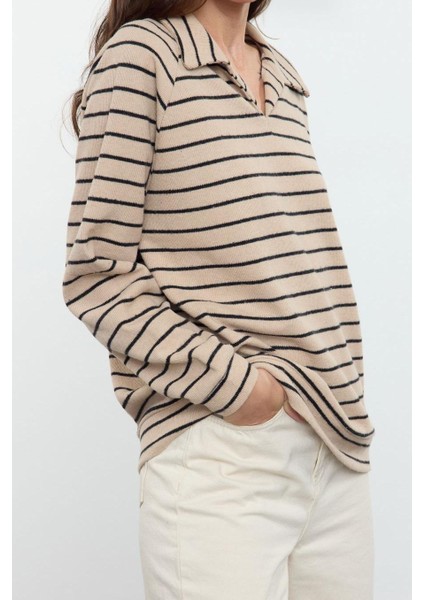 Kadın Moda Bol Polo Yaka Düşük Kol Uzun BEJ001 Çizgili Geniş Kalıp Selanik Polo Yaka Örme Sweatshirt modelleri