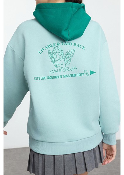 Kadın Moda Şık Bol Kapüşonlu Düşük Kol Uzun Sırt Baskılı ve Geniş Kalıp Örme Sweatshirt