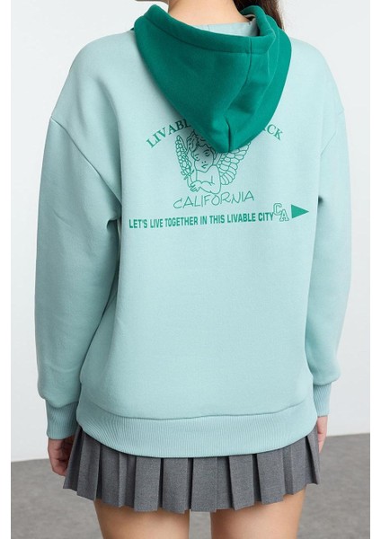 Kadın Moda Şık Bol Kapüşonlu Düşük Kol Uzun Sırt Baskılı ve Geniş Kalıp Örme Sweatshirt