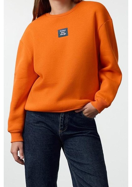 Kadın Bisiklet Yaka Düşük Kol Uzun Reaxed Rahat Kalıp Slogan Baskılı Kalın Polarlı Örme Sweatshirt