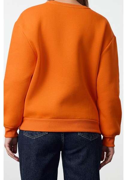 Kadın Bisiklet Yaka Düşük Kol Uzun Reaxed Rahat Kalıp Slogan Baskılı Kalın Polarlı Örme Sweatshirt