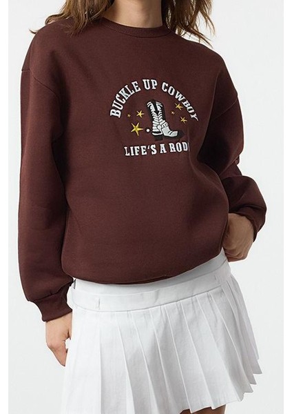 Kadın Relaxed Bisiklet Yaka Düşük Kol Kalın Içi Polarlı Western Baskılı Normal Kesim Örme Sweatshirt