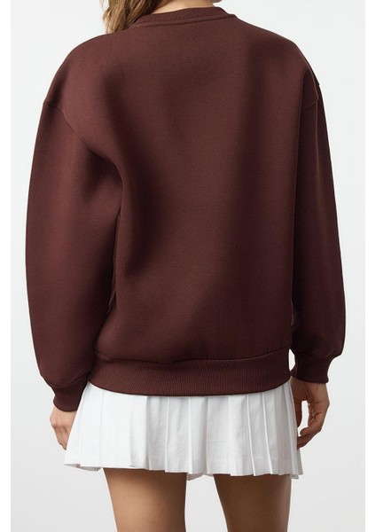 Kadın Relaxed Bisiklet Yaka Düşük Kol Kalın Içi Polarlı Western Baskılı Normal Kesim Örme Sweatshirt