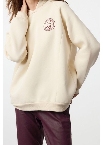 Kadın Moda Bol Kapüşonlu Düşük Kol Uzun Slogan Baskılı Geniş Kalıp Kalın Içi Polarlı Örme Sweatshirt
