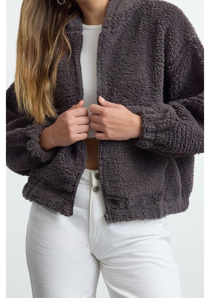 Kadın Moda Regular Kapüşonlu Düşük Kol Regular Peluş Normal Kalıp Fermuarlı Kalın Örme Sweatshirt