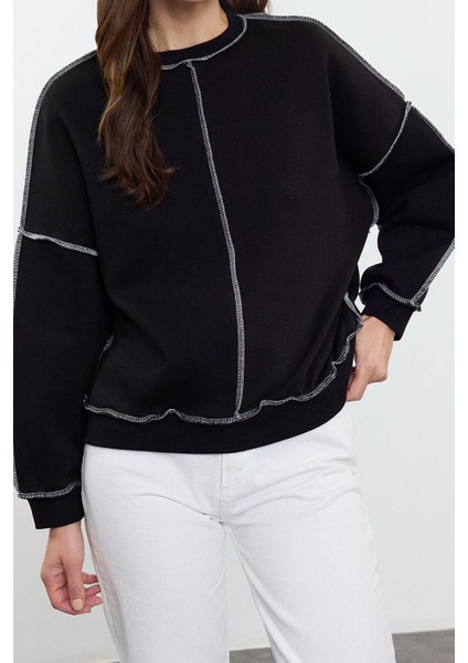 Kadın Bol Bisiklet Yaka Düşük Kol Uzun Karyoka Dikişli Geniş Kalıp Kalın Içi Polarlı Örme Sweatshirt modelleri