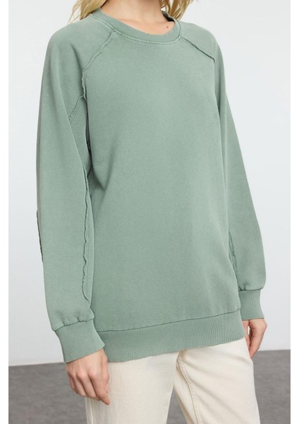 Kadın Moda Şık Regular Bisiklet Yaka Reglan Kol Regular Yıkamalı Normal Kalıp Örme Sweatshirt