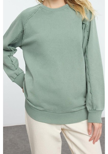 Kadın Moda Şık Regular Bisiklet Yaka Reglan Kol Regular Yıkamalı Normal Kalıp Örme Sweatshirt