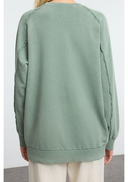 Kadın Moda Şık Regular Bisiklet Yaka Reglan Kol Regular Yıkamalı Normal Kalıp Örme Sweatshirt