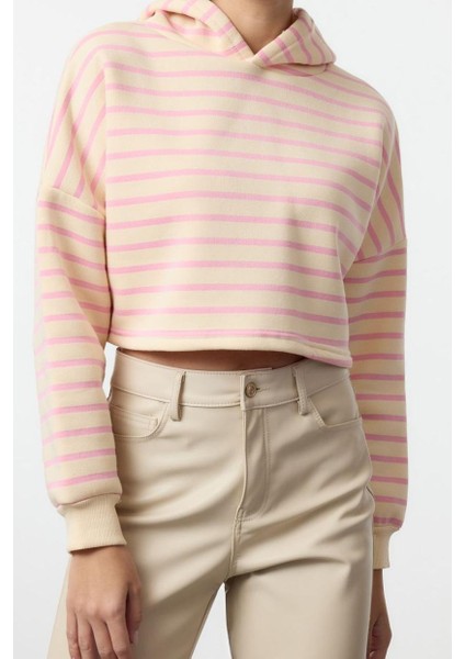 Kadın Moda Şık Regular Kapüşonlu Standart Kol Regular Pembe Çizgili Normal Kalıp Örme Sweatshirt