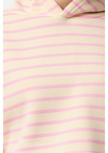Kadın Moda Şık Regular Kapüşonlu Standart Kol Regular Pembe Çizgili Normal Kalıp Örme Sweatshirt